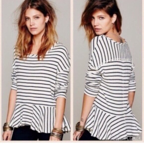 We the Free Striped Peplum Shirt Black and White - Picture 1 of 6
